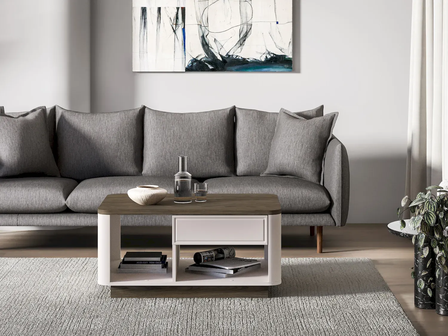 Stolik kawowy z szufladą i półką VILAVIO 06 dąb windmill cashmere cokół - 1VILA06-001