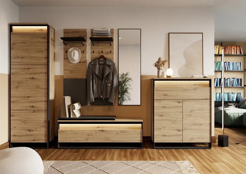 Szafka na buty z podnoszonym siedziskiem LED Quant QG-04 dąb artisan/czarna - QG4DAC