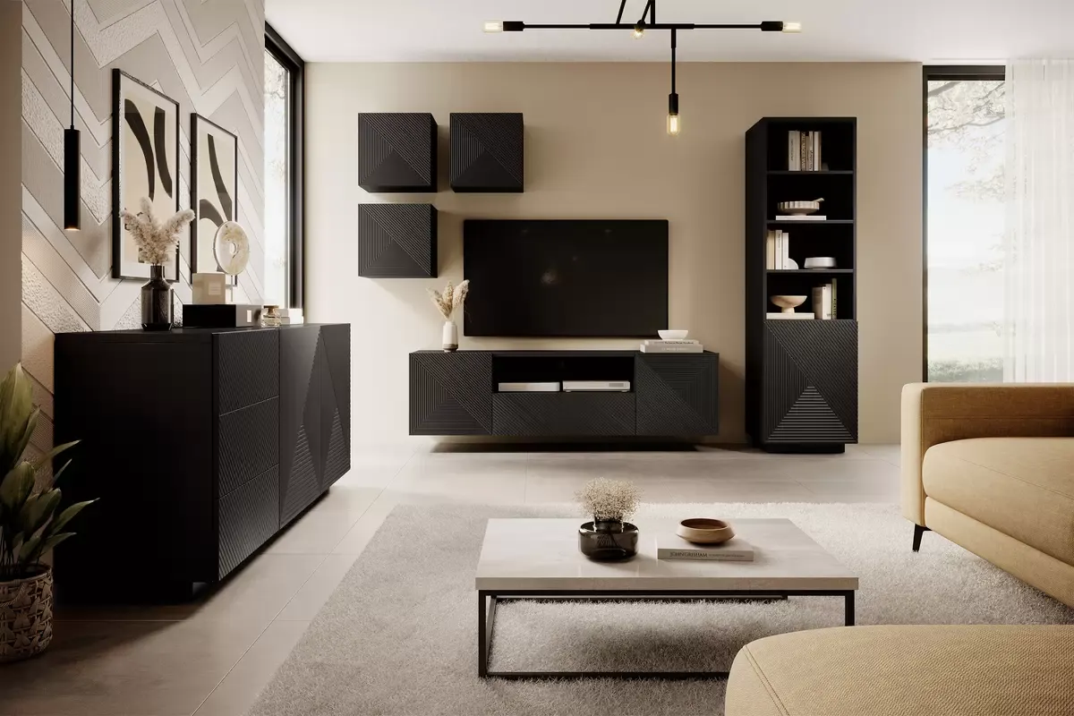 Szafka RTV ASHA 167 - czarny mat - ryflowany front - wisząca - B_51423