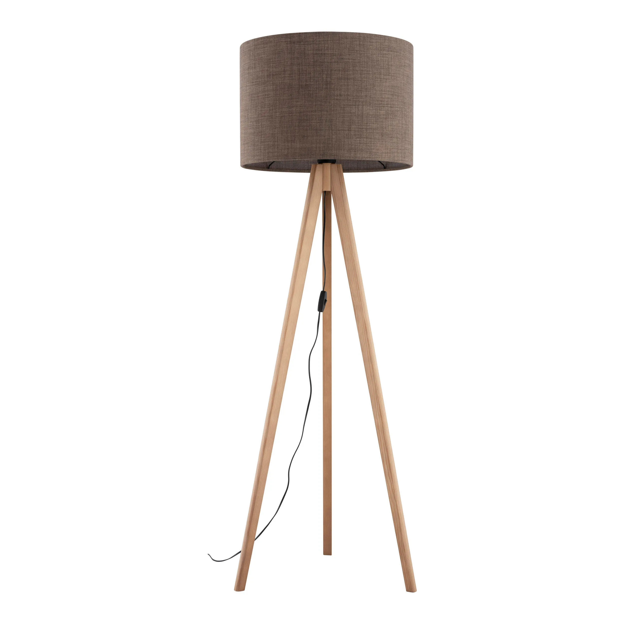Lampa podłogowa GRAND sosnowe jasne drewniane nogi brązowy okrągły abażur z tkaniny 145x50cm
