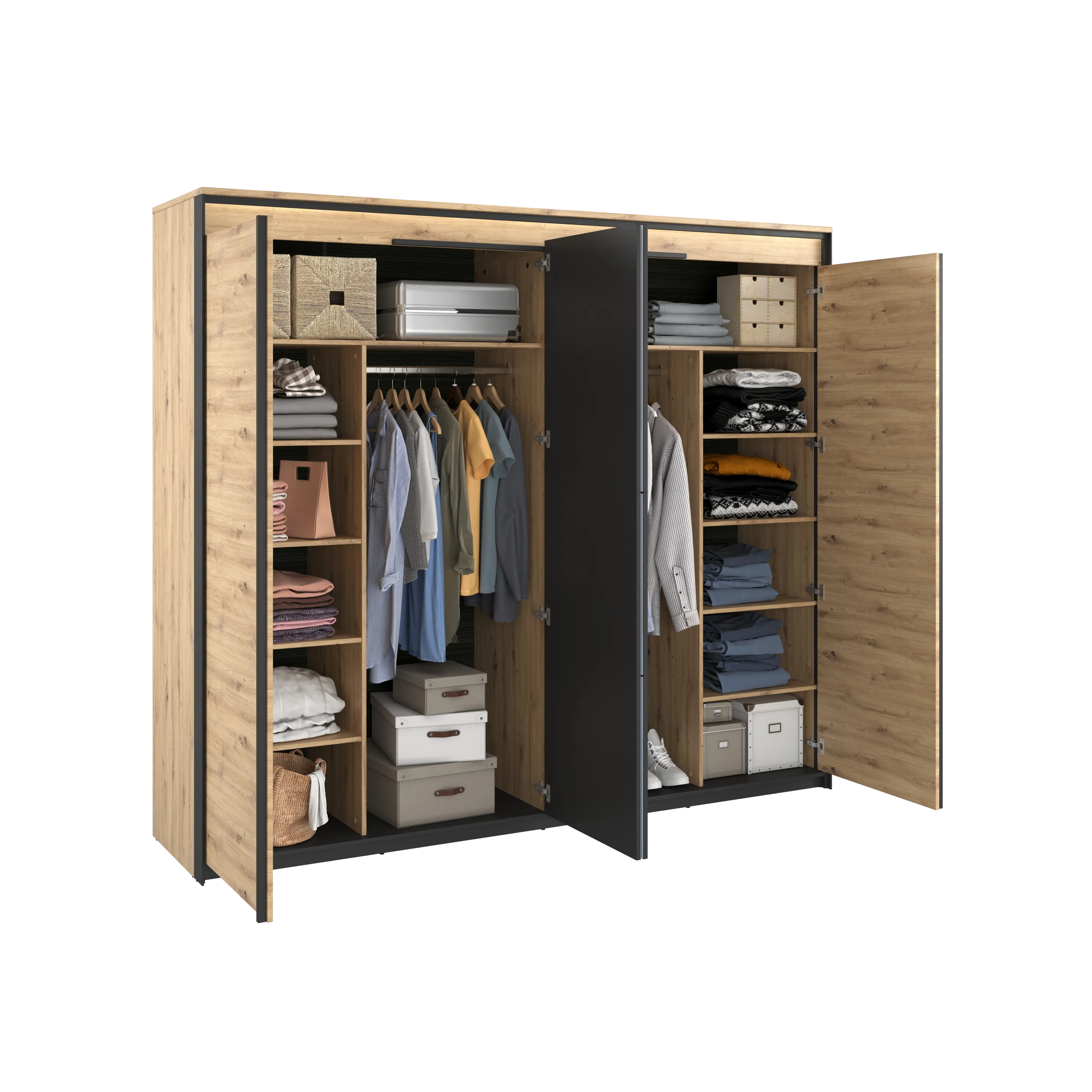 Szafa 4-drzwiowa z lustrem LED Quant QS-05 250cm dąb artisan/czarny - QS5DAC