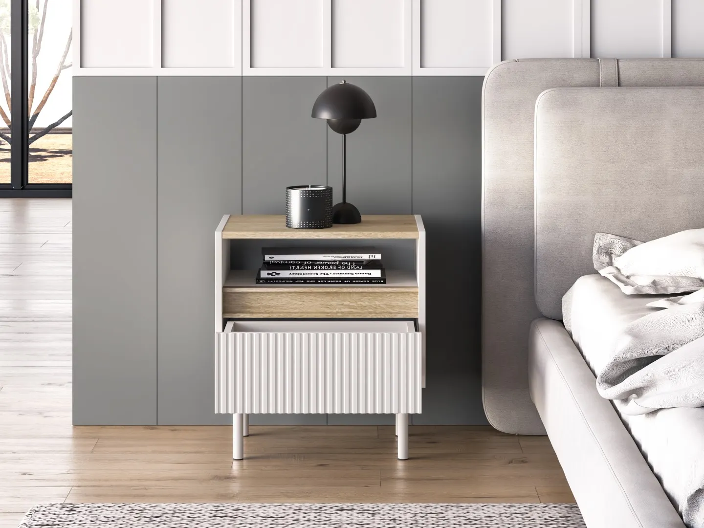 Szafka nocna z szufladą DUNEA 50x55 ryflowana kaszmir - dąb cremona - 1DUNE08-001