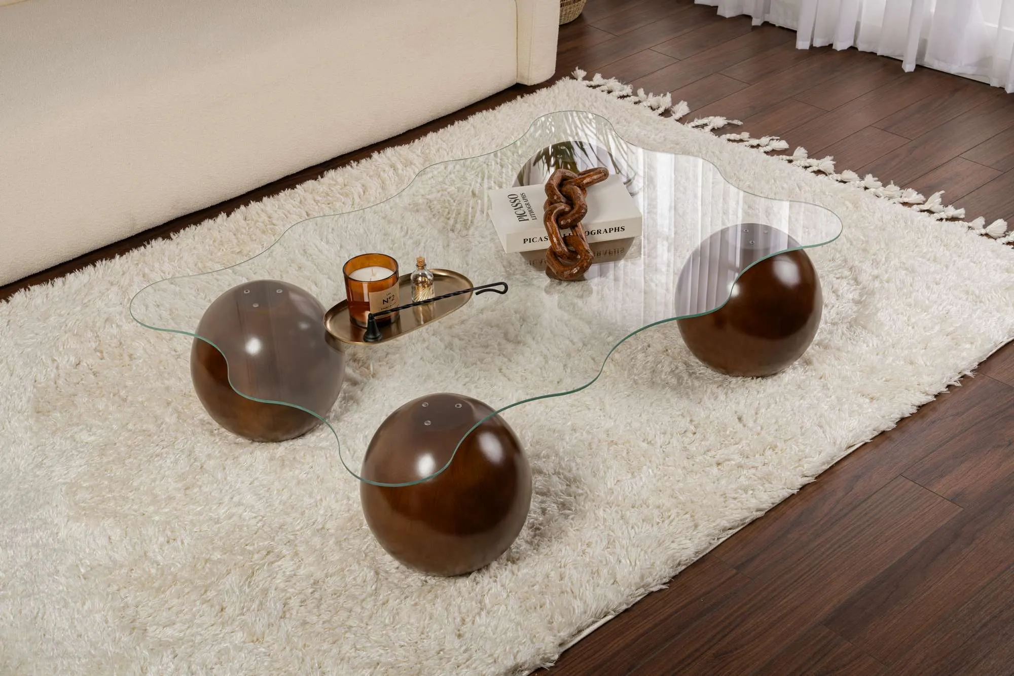 Stolik kawowy NOXA 80x120 cm nogi kuliste orzech blat transparentny - ASI_857NRD1135