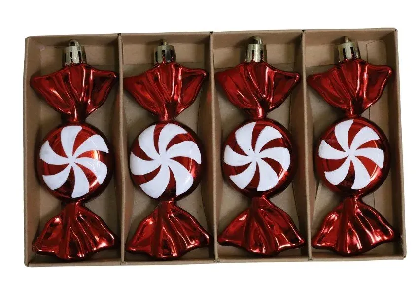 Komplet 4 bombek CUKIERKI 8532 czerwono-białe