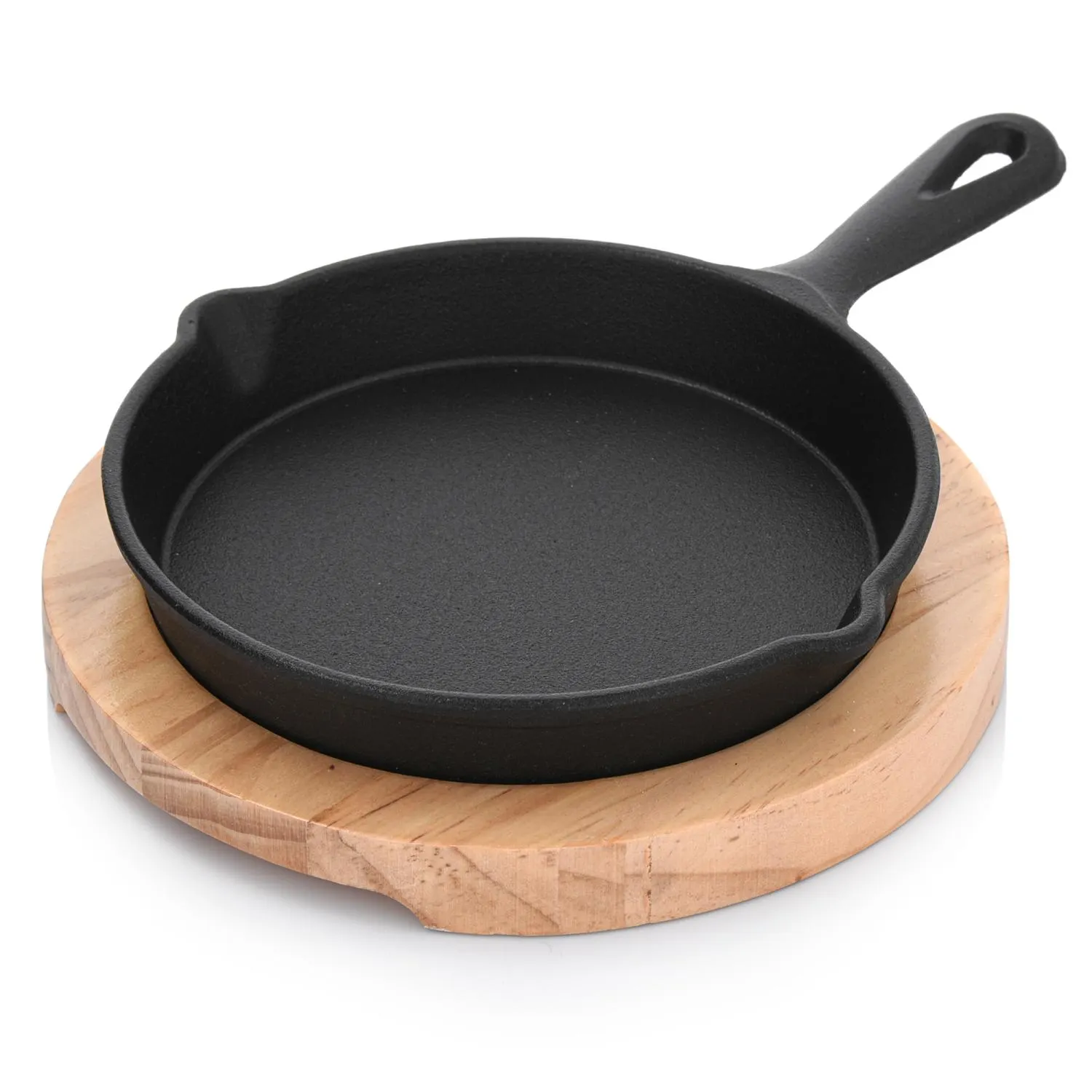 image patelnia, żeliwo cast, czarna, do smażenia, drewniana podstawka