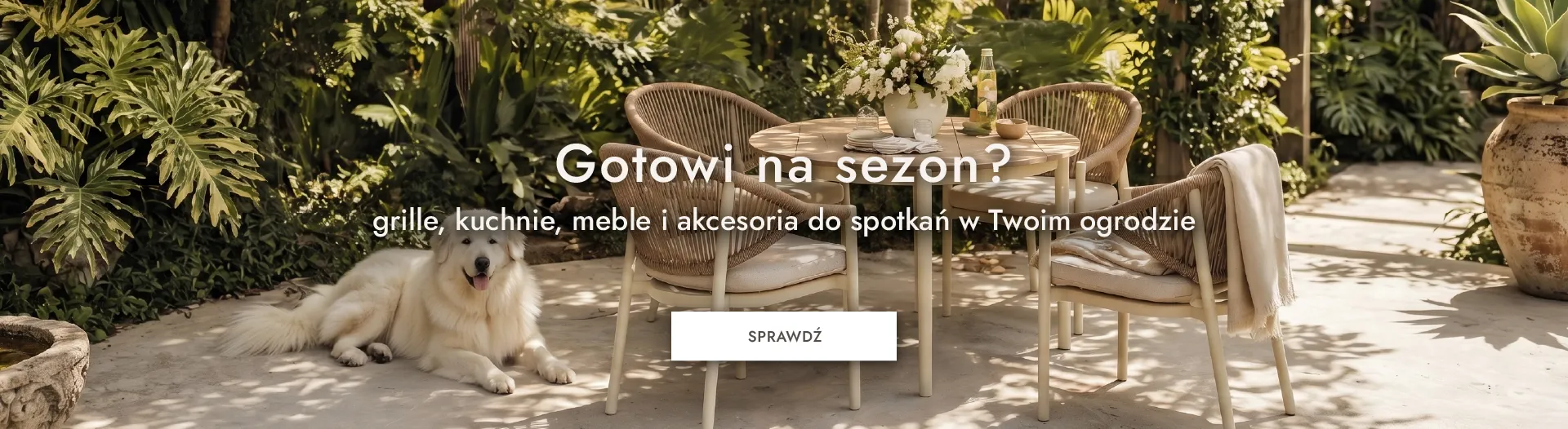 ogrody, meble ogrodowe, stół ogrodowy, fotel rattanowy, pies