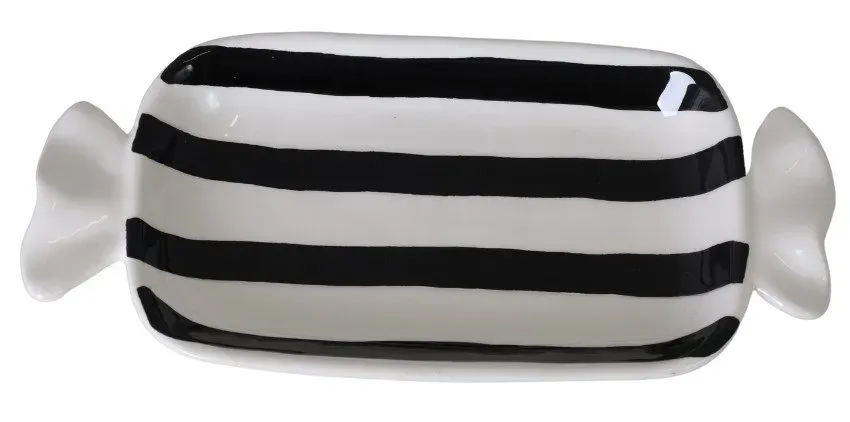 Talerz ceramiczny CUKIEREK W PASKI biały czarny