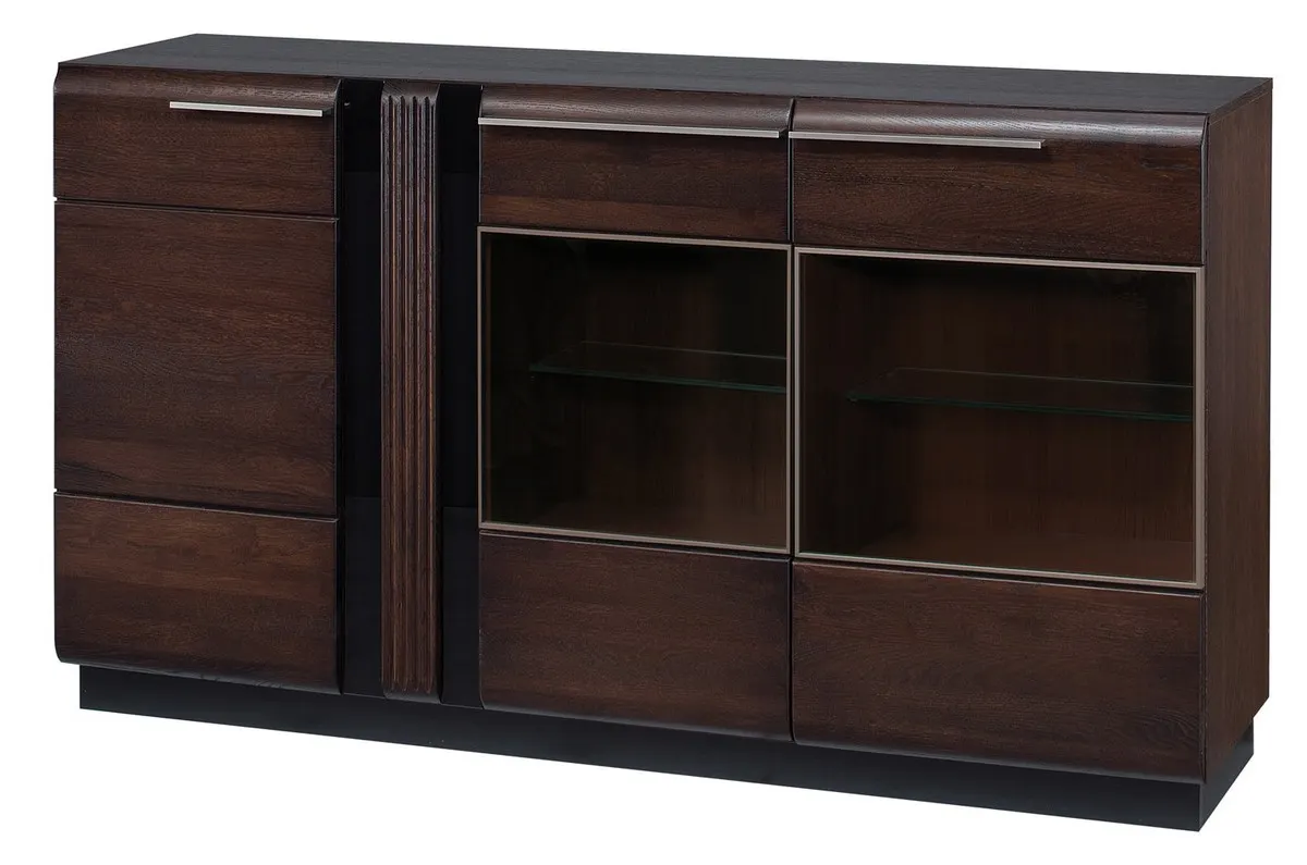 Komoda z witryną 3-drzwiowa PORTI 180 cm drewniana dąb czekoladowy Komoda z witryną 3-drzwiowa PORTI 180 cm drewniana dąb czekoladowy