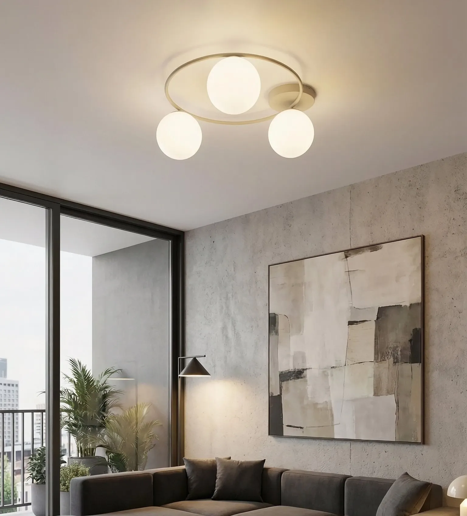 image lampa sufitowa, trzy kulki, oswietlenie, salon, modernistyczny design