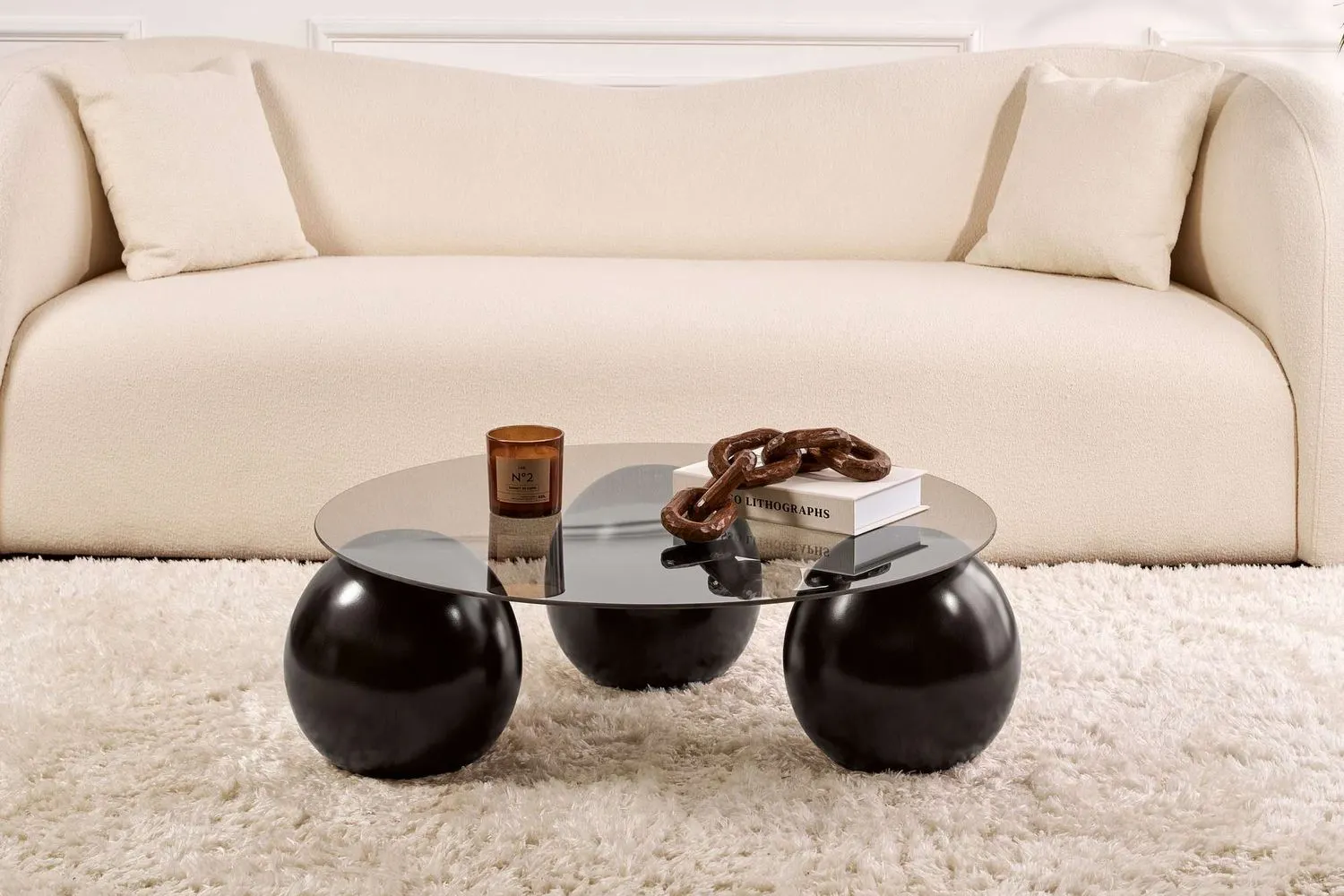 Stolik kawowy szklany okrągły MIRO 85 cm kuliste czarne nogi blat szary - ASI_857NRD1120