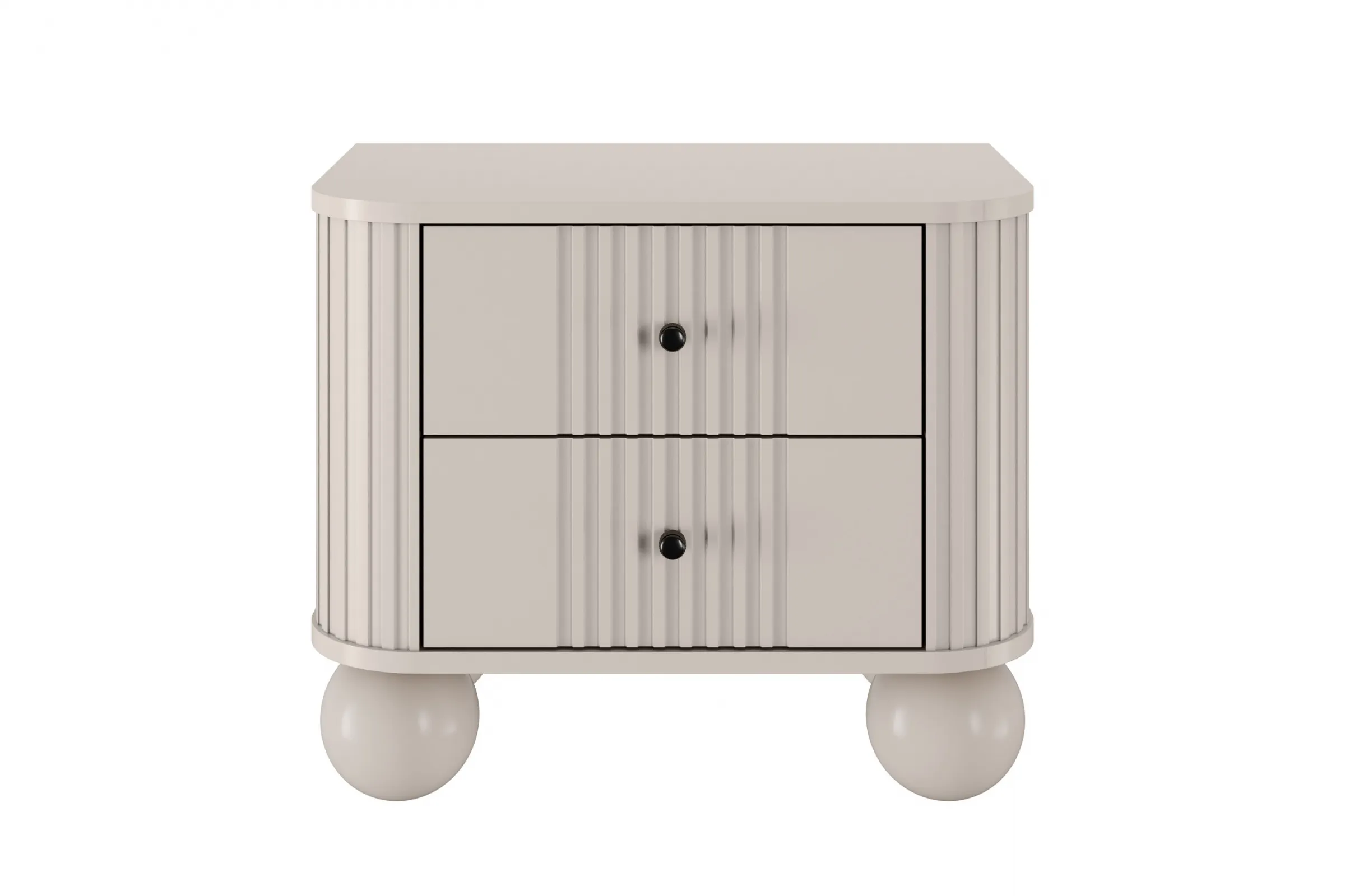 Szafka nocna z 2 szufladami VESPER 56 zestaw 2 sztuk ryflowany front cashmere czarne uchwyty nogi kule - B_163829