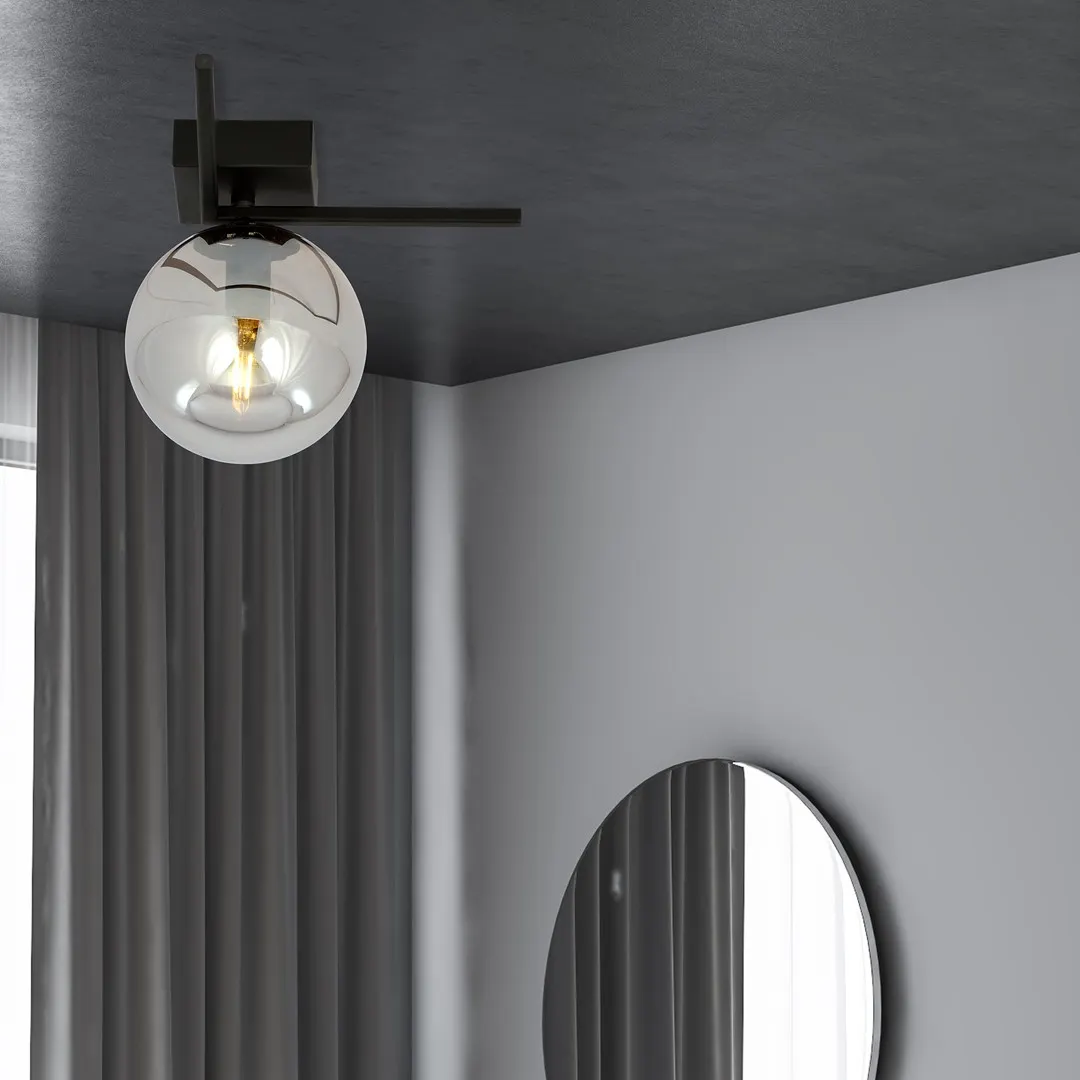 lampa wisząca, globion?, szkło, czarna oprawa, lustro okrągłe