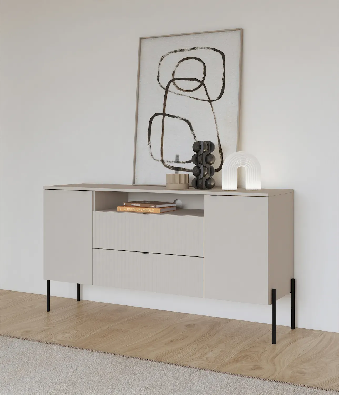 Komoda 2-drzwiowa z 2 szufladami i wnęką ORE 140 cm kaszmir ryflowany front czarne nóżki - 24KROG26