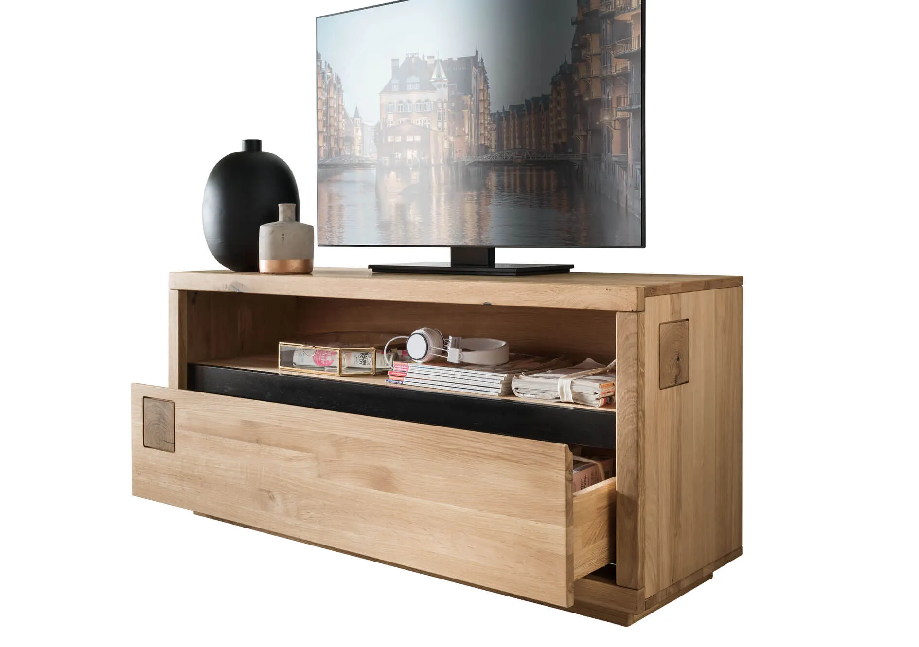 Szafka rtv dębowa HALLOW 120x56 z szufladą i półką dąb olejowany, czarny - GK_1031595901