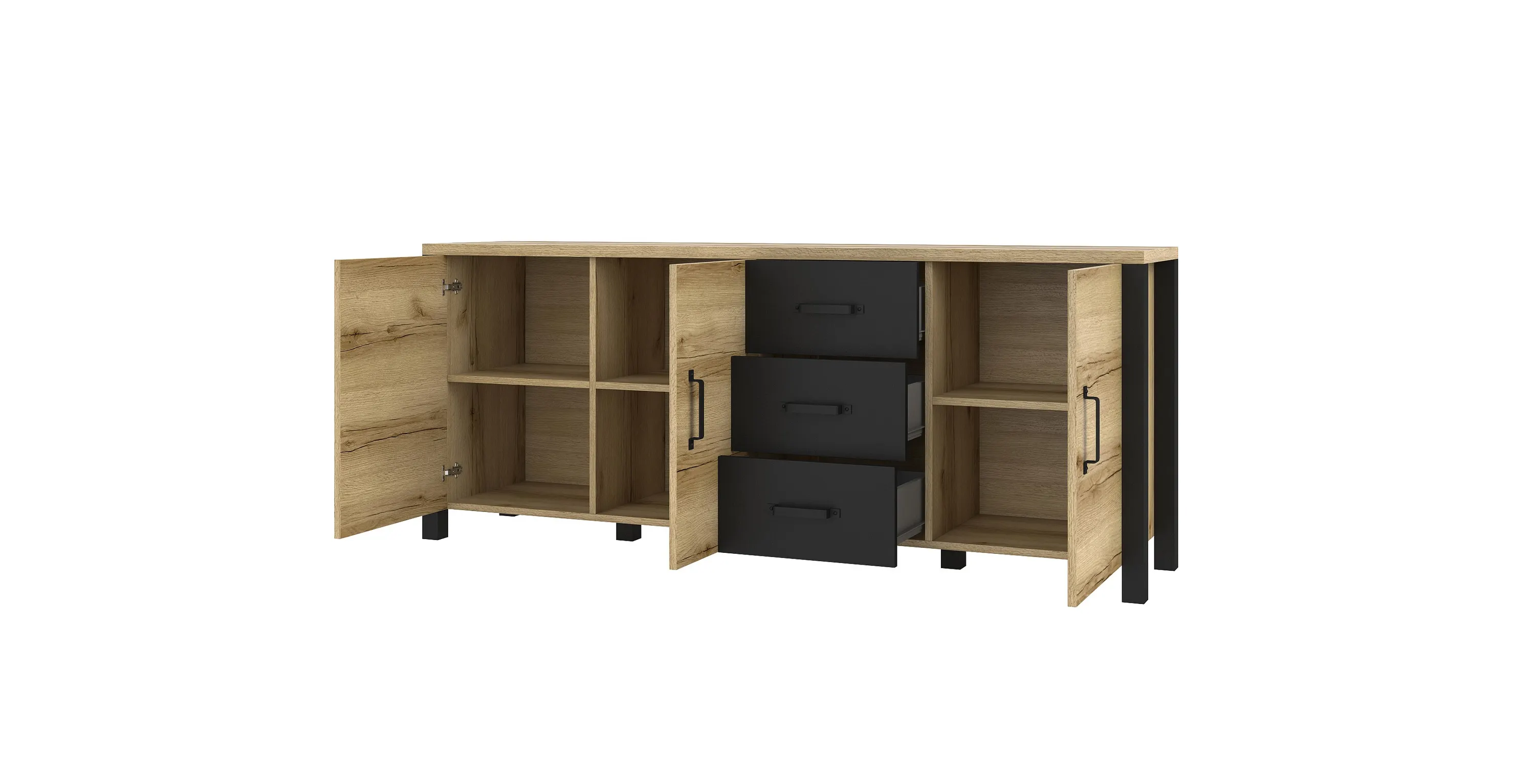 Komoda 3-drzwiowa OLIN 192 cm czarna dąb grand naturalny